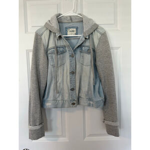 Women's Mudd Light Blue Denim & Gray Sweatshirt Hooded Jacket, Size L